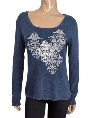 One World Navy Long Sleeve Thermal Top Distressed Damask Graphic Size Medium